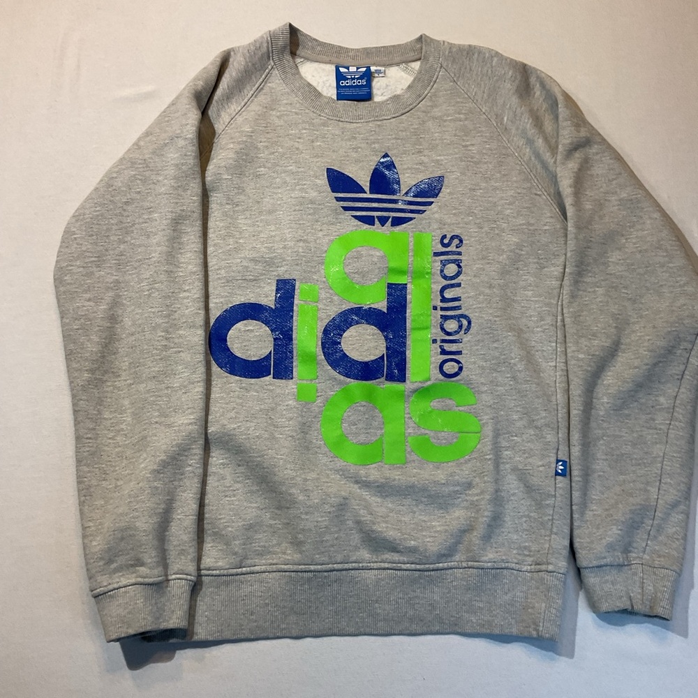 Adidas Crew Neck Gray Sweatshirt, Size S Blue/Green Comfy Soft Pullover